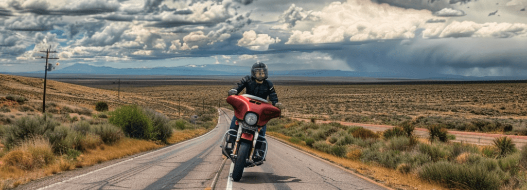 A motorcycle rider leans into a curve